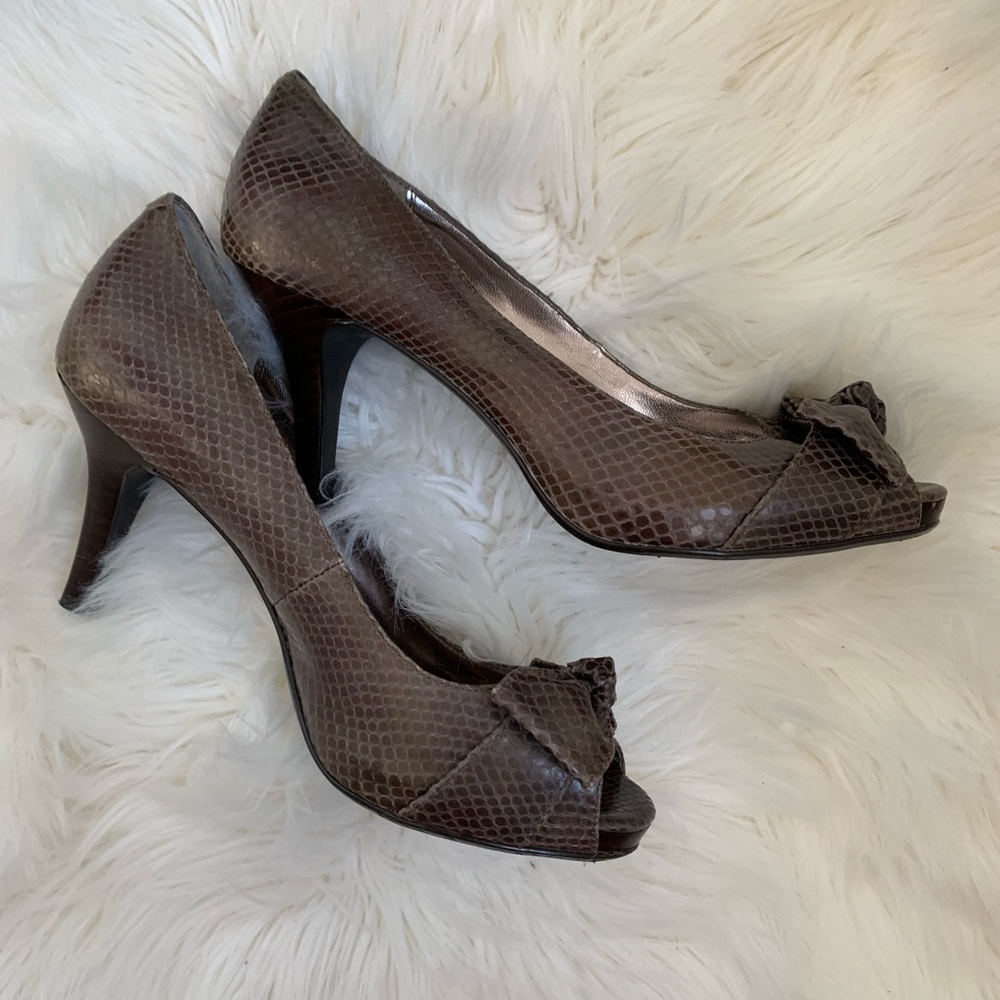 Open toe brown heels